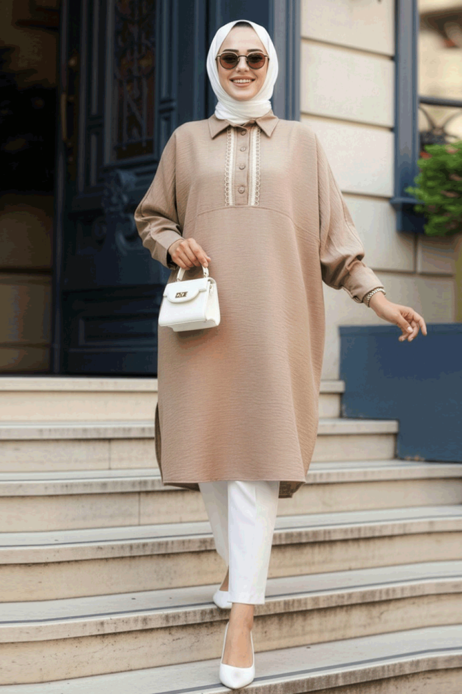 Düğmeli Camel Tesettür Tunik 663C - 1
