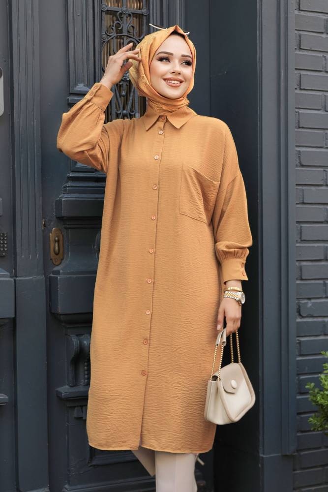 Düğmeli Camel Tesettür Tunik 6773C - 1