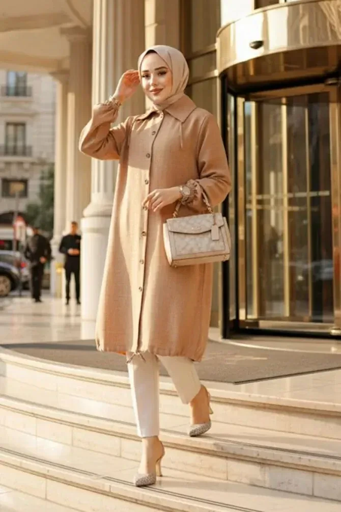 Düğmeli Camel Tesettür Tunik 70881C - 1