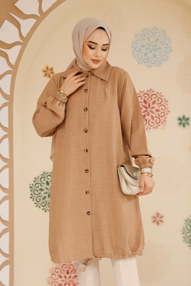 Düğmeli Camel Tesettür Tunik 70881C - 2