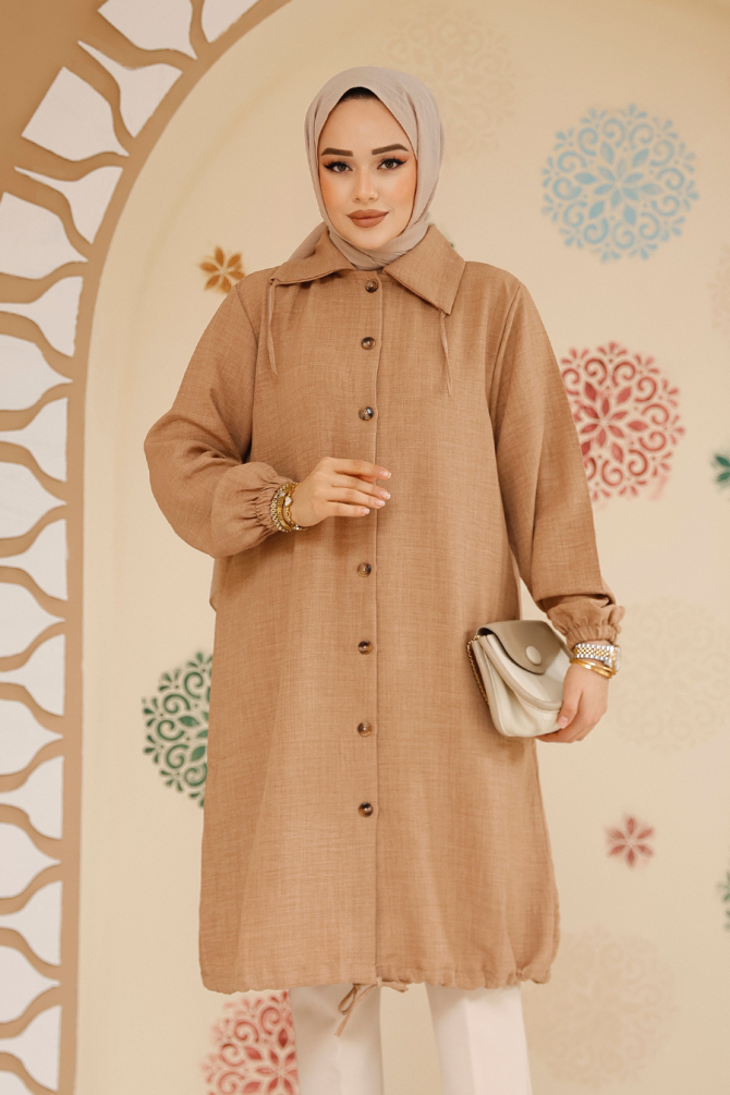 Düğmeli Camel Tesettür Tunik 70881C - 3