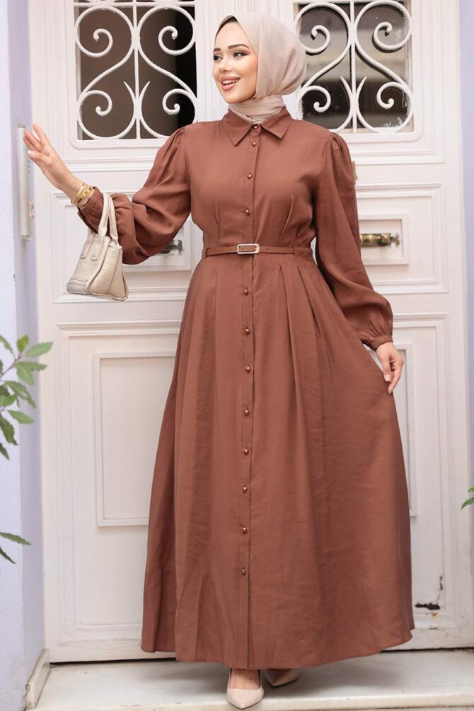 Düğmeli Çikolata Tesettür Elbise 19044CK - 1