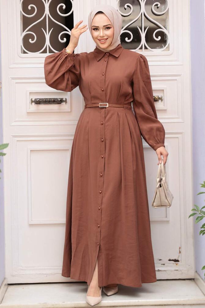 Düğmeli Çikolata Tesettür Elbise 19044CK - 4