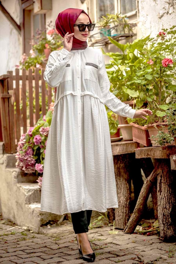 Düğmeli Ekru Tesettür Tunik 3688E - 2