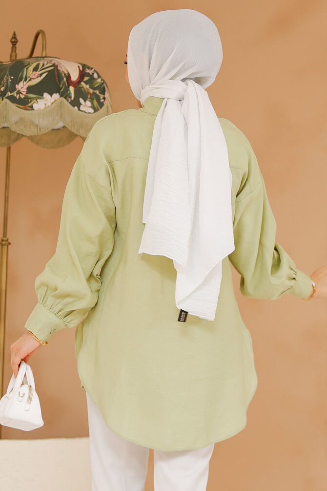 Düğmeli Fıstık Yeşili Tesettür Tunik 10059FY - 4