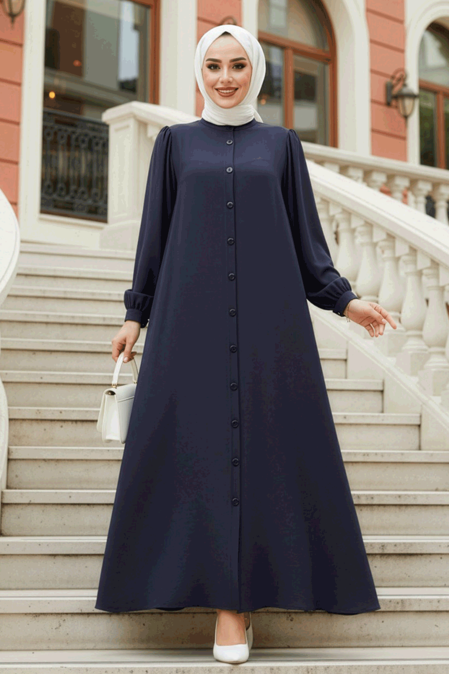 Düğmeli Füme Tesettür Abaya 45283FU