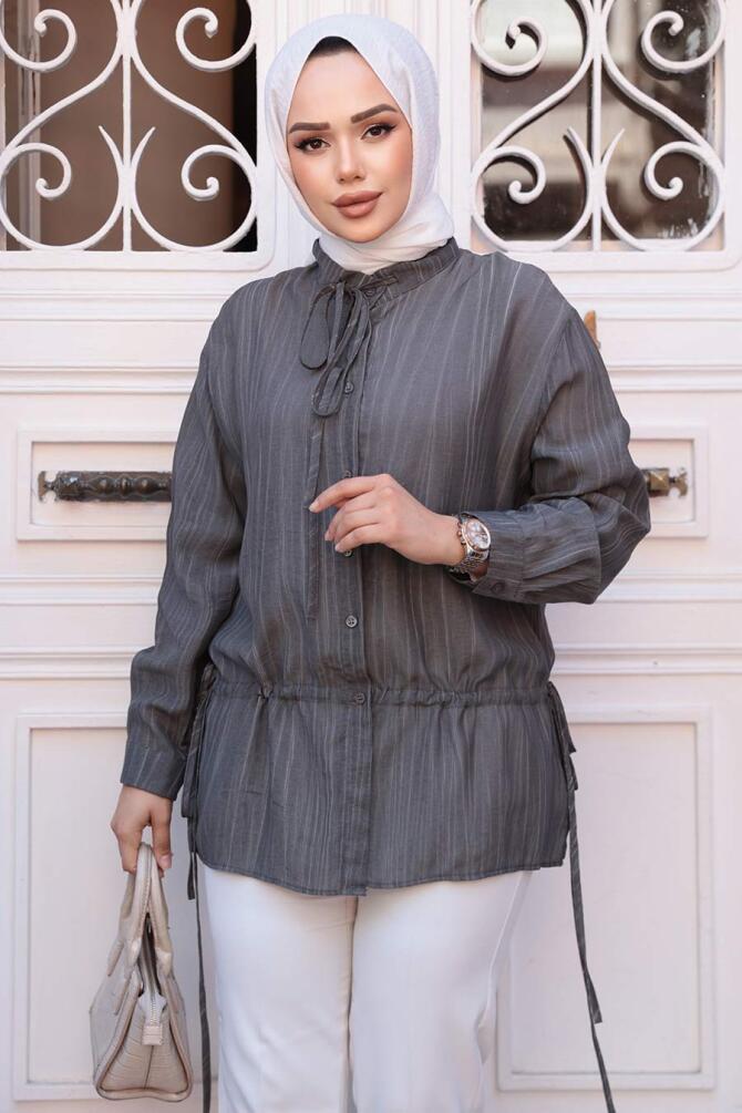 Düğmeli Füme Tesettür Gömlek 32358FU - NEVA STYLE
