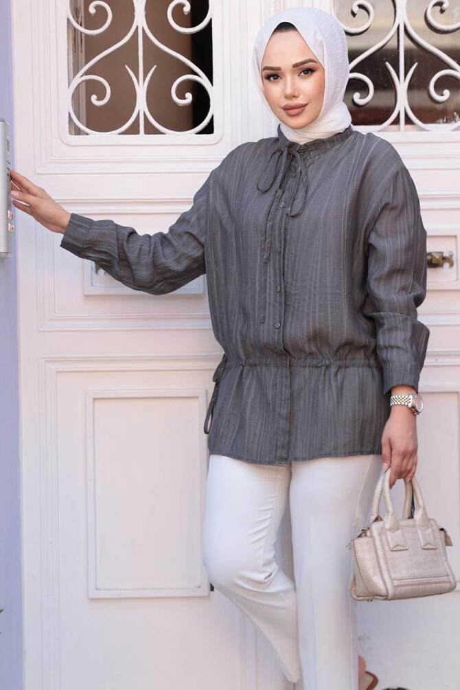 Düğmeli Füme Tesettür Gömlek 32358FU - 2