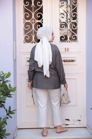 Düğmeli Füme Tesettür Gömlek 32358FU - 4