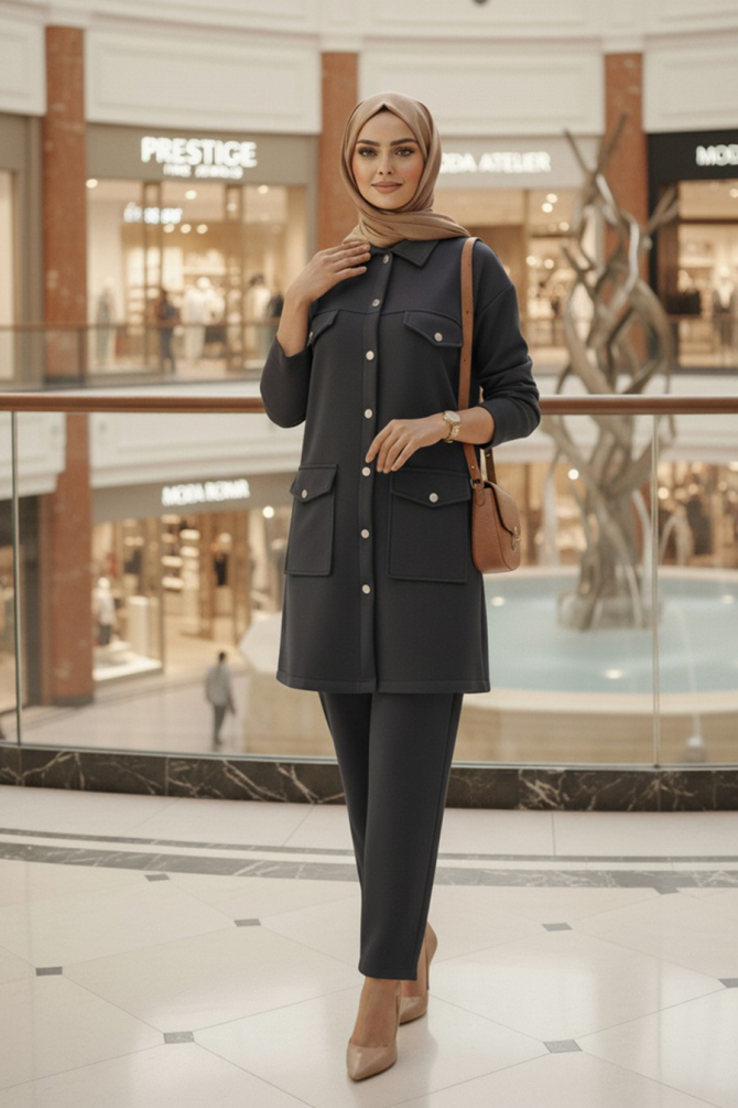 Düğmeli Füme Tesettür İkili Takım 13323FU - N.S NEVA STYLE