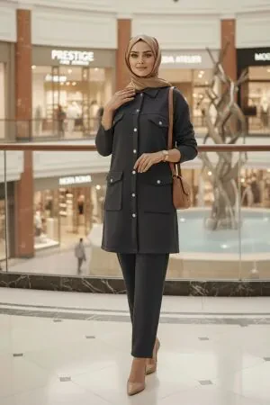 Düğmeli Füme Tesettür İkili Takım 13323FU 