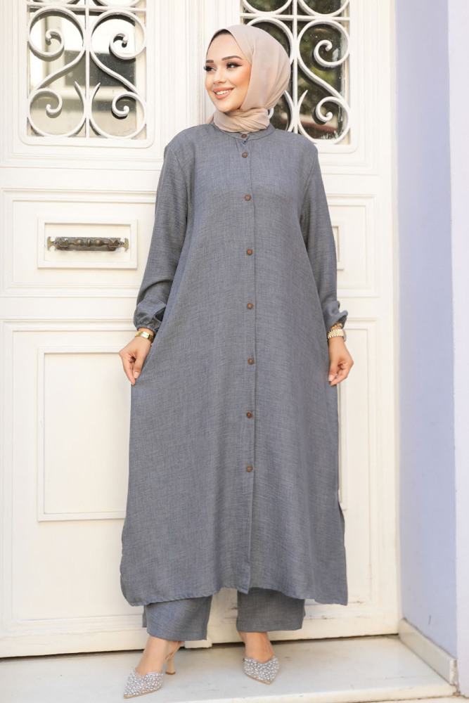 Düğmeli Füme Tesettür İkili Takım 19017FU - 3