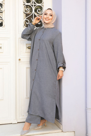 Düğmeli Füme Tesettür İkili Takım 19017FU - 2