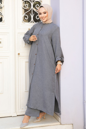 Düğmeli Füme Tesettür İkili Takım 19017FU - 1