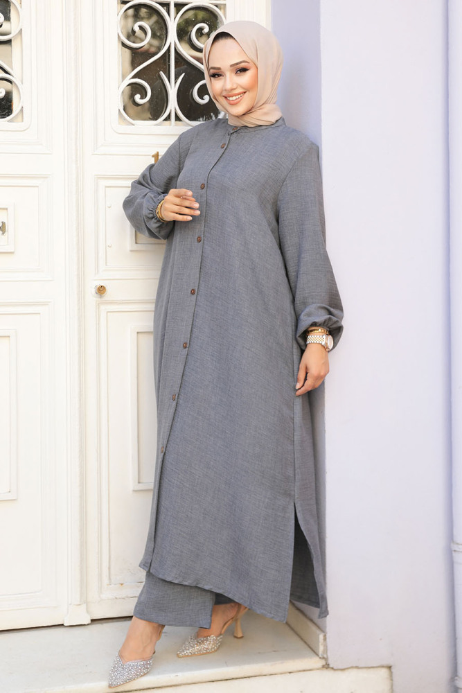 Düğmeli Füme Tesettür İkili Takım 19017FU - 1