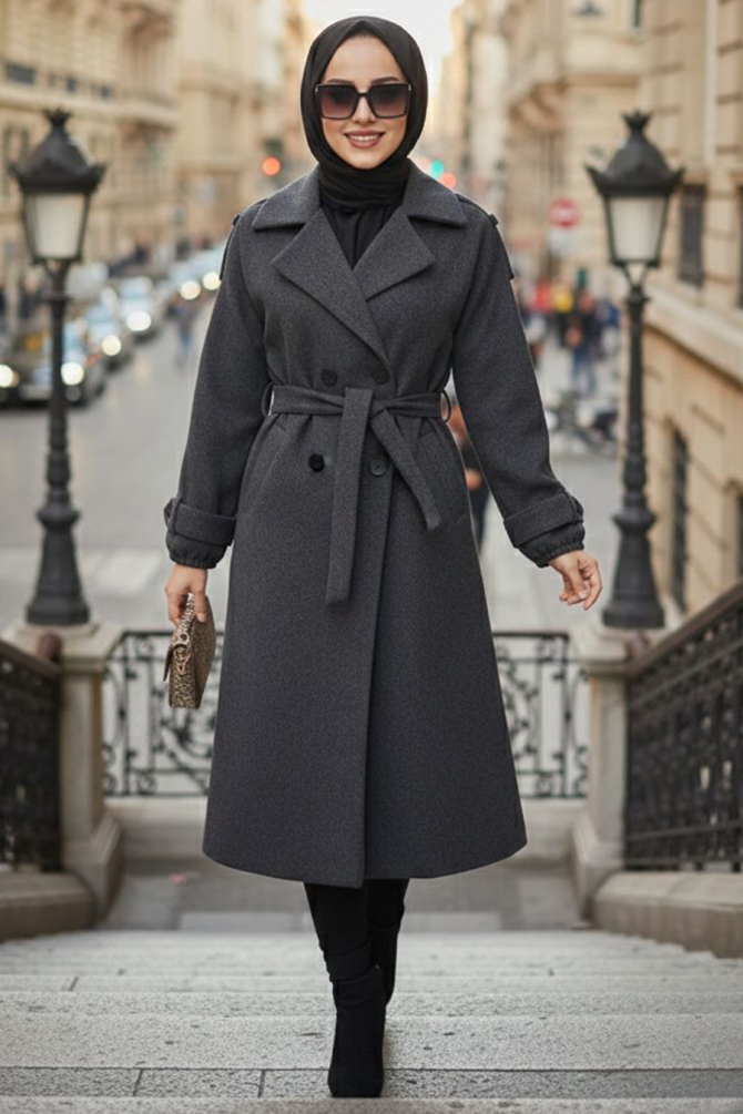 Düğmeli Füme Tesettür Kaşe Kaban 6243FU - N.S NEVA STYLE