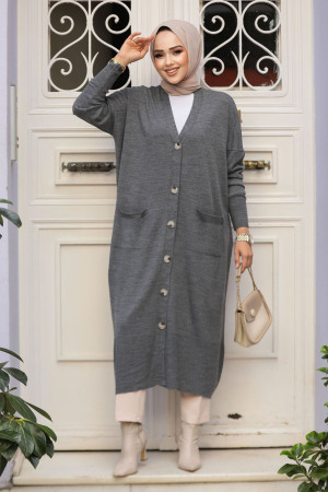 Düğmeli Füme Tesettür Triko Hırka 30582FU - NEVA STYLE