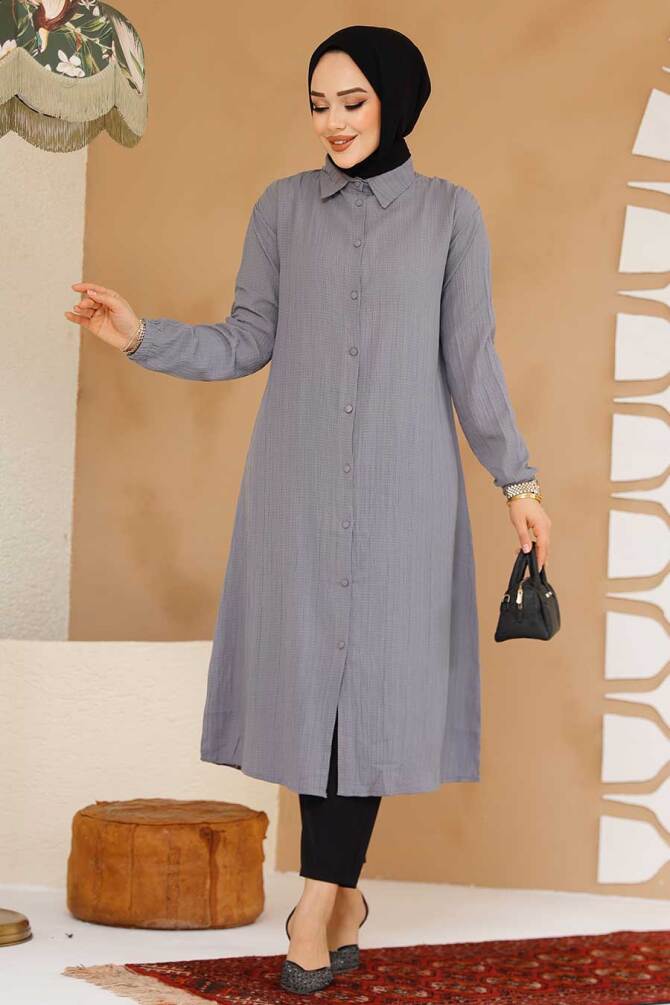 Düğmeli Füme Tesettür Tunik 70381FU - NEVA STYLE