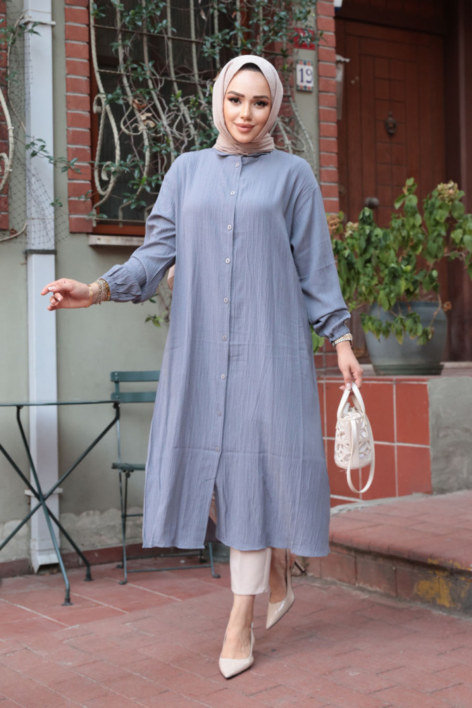 Düğmeli Füme Tesettür Tunik 70551FU - 1