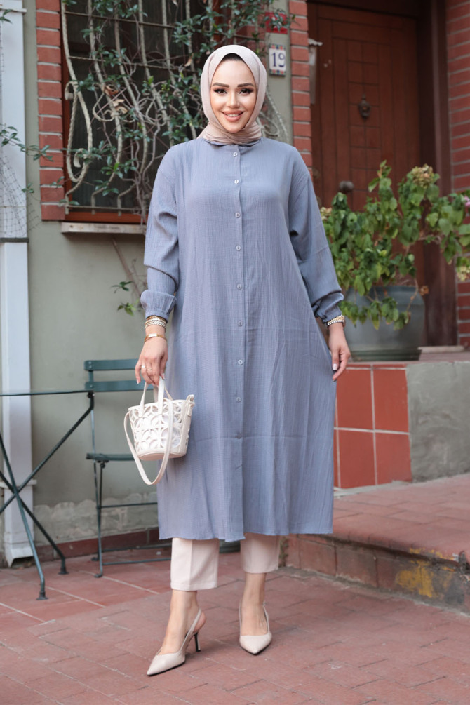 Düğmeli Füme Tesettür Tunik 70551FU - 2