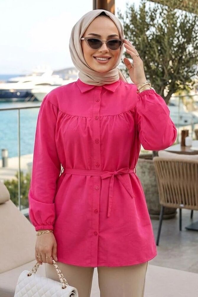 Roba Detaylı Fuşya Tesettür Tunik 10184F - 1