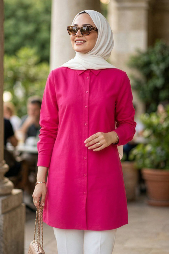 Düğmeli Fuşya Tesettür Tunik 11751F - 1
