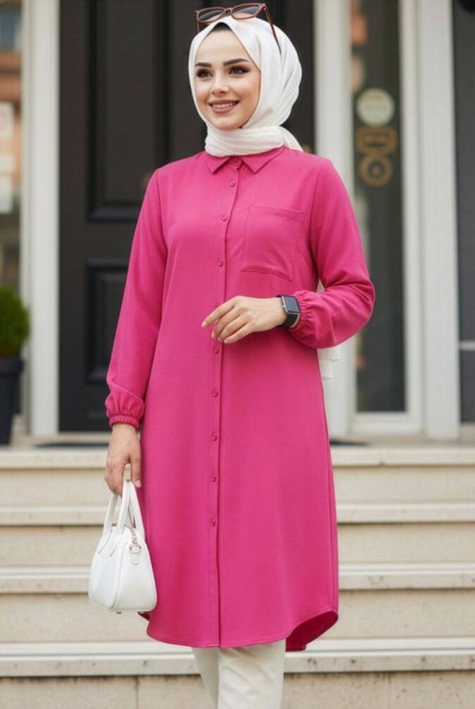 Düğmeli Fuşya Tesettür Tunik 30293F - 1