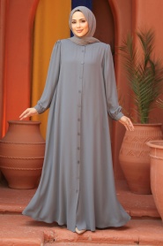 Düğmeli Gri Tesettür Abaya 45283GR - Thumbnail