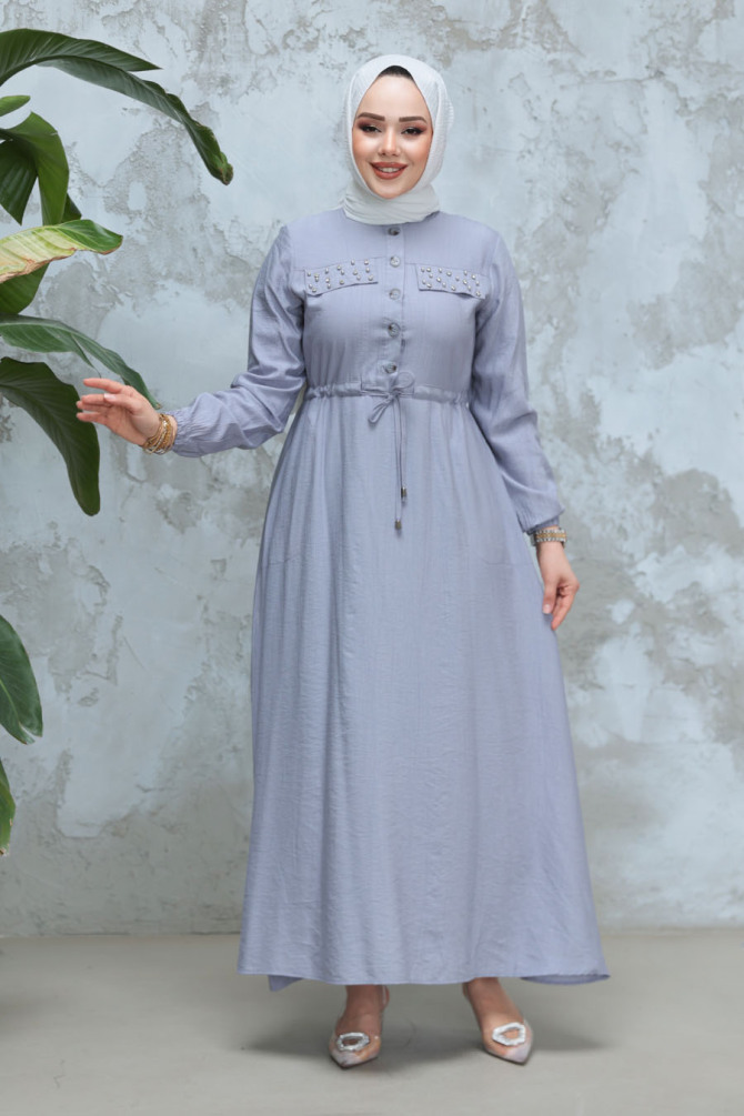 Düğmeli Gri Tesettür Elbise 17131GR - 2