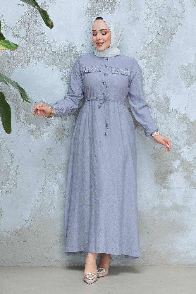 Düğmeli Gri Tesettür Elbise 17131GR - 1