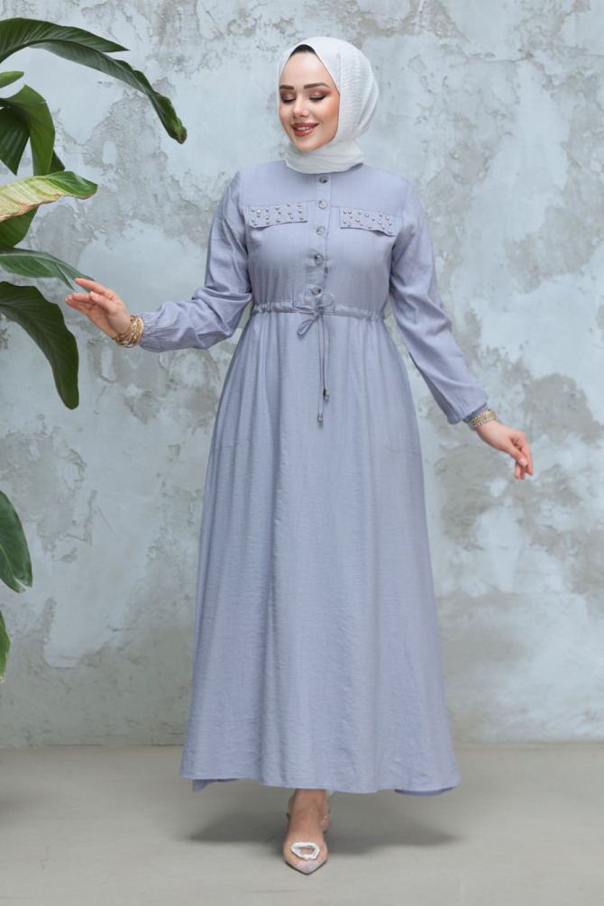 Düğmeli Gri Tesettür Elbise 17131GR - 3