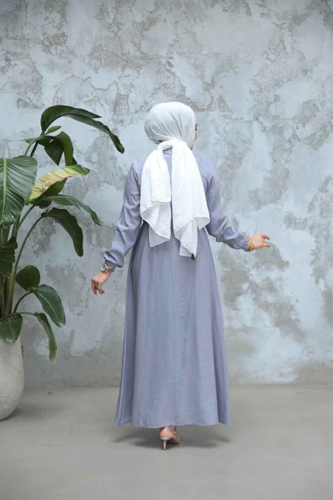 Düğmeli Gri Tesettür Elbise 17131GR - 4