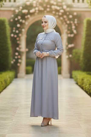 Düğmeli Gri Tesettür Elbise 17131GR - 1