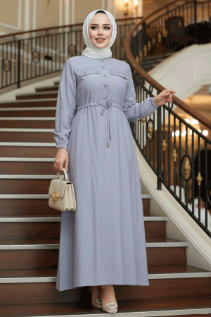 Düğmeli Gri Tesettür Elbise 17131GR 