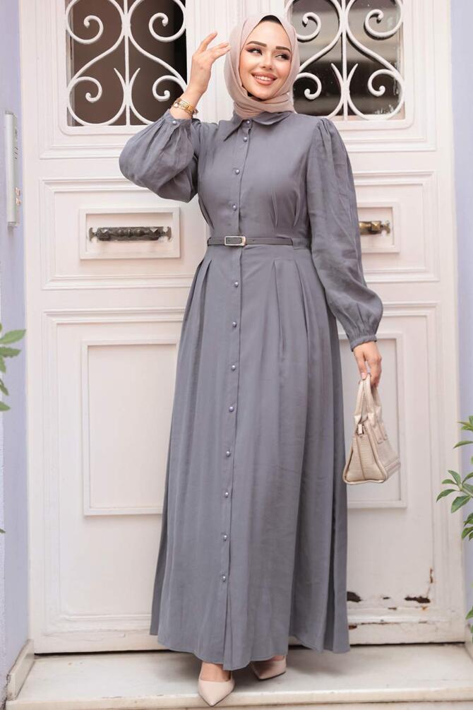 Düğmeli Gri Tesettür Elbise 19044GR - 2