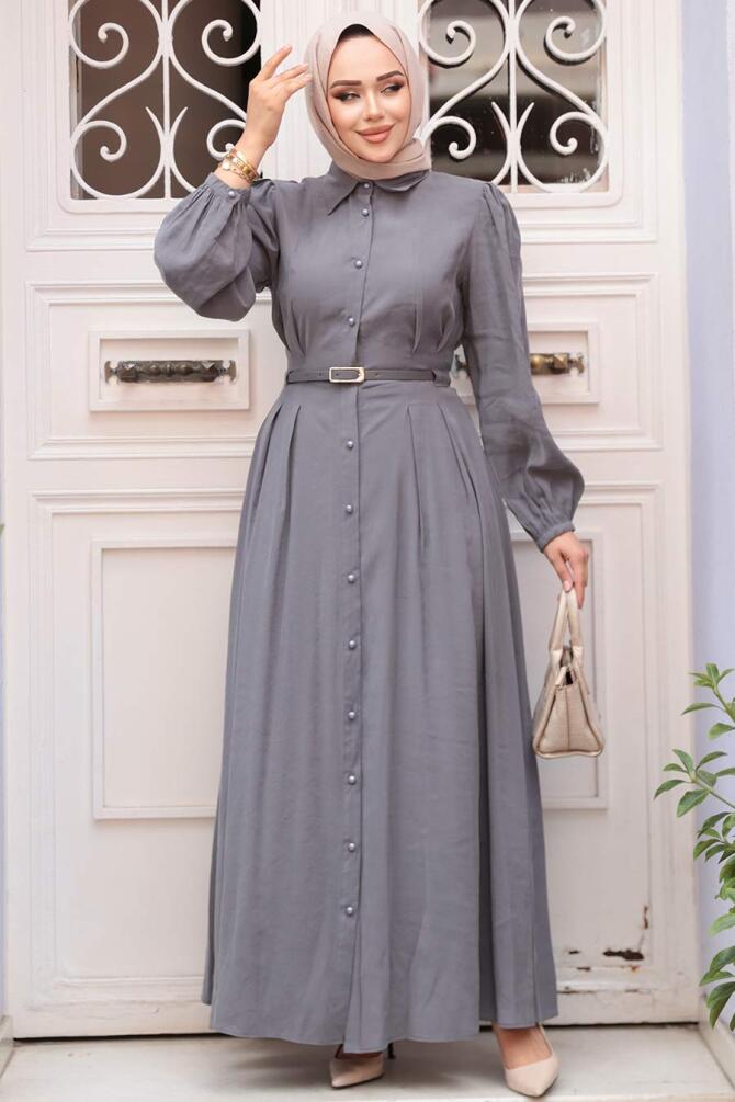 Düğmeli Gri Tesettür Elbise 19044GR - 3