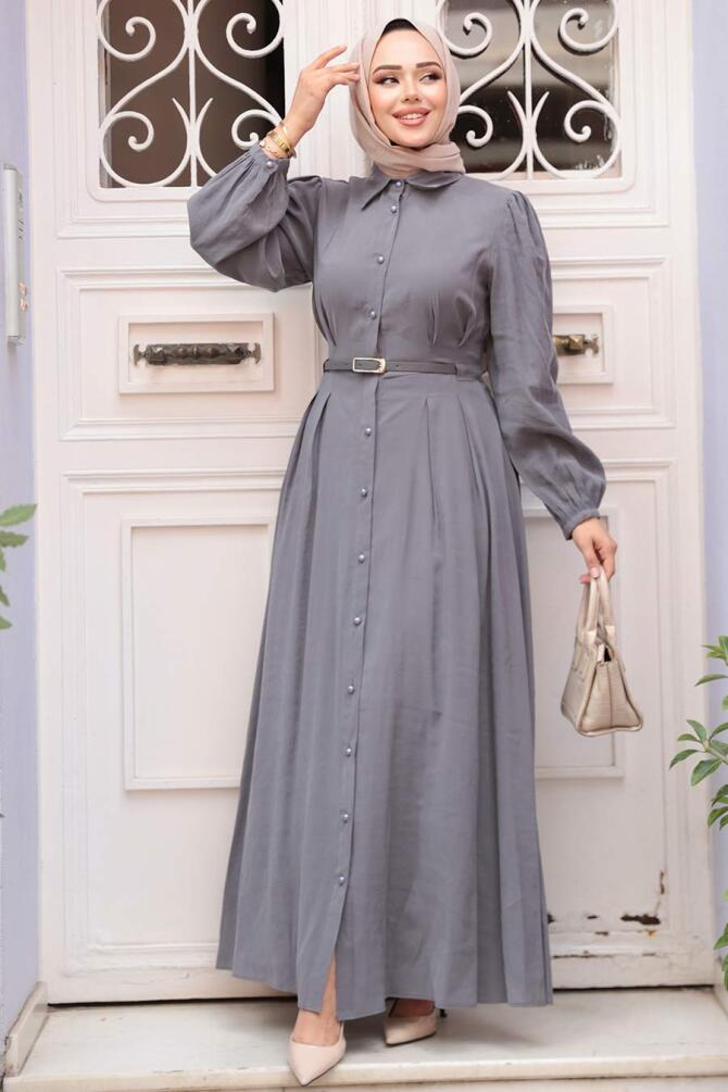 Düğmeli Gri Tesettür Elbise 19044GR - 1