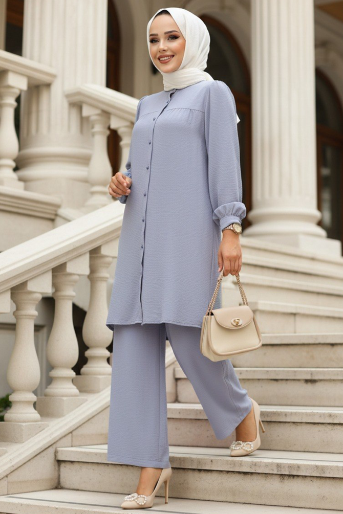 Düğmeli Gri Tesettür İkili Takım 12172GR - NEVA STYLE