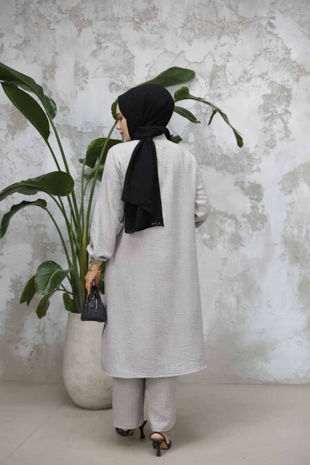 Düğmeli Gri Tesettür İkili Takım 25492GR - 3