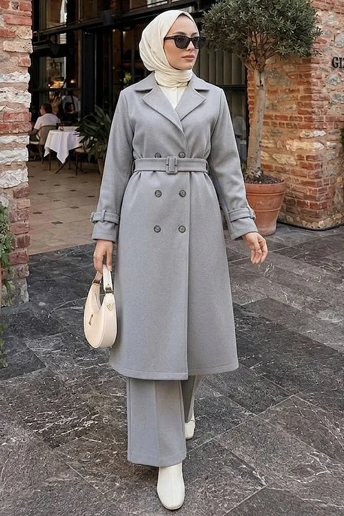 Düğmeli Gri Tesettür Kaşe Kap 62441GR - N.S NEVA STYLE