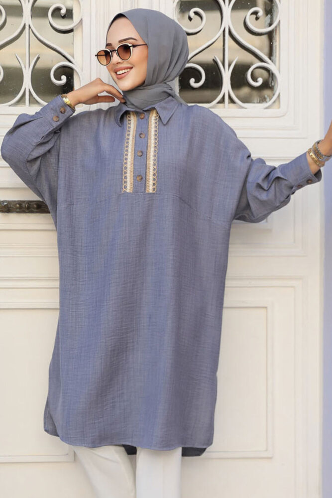 Düğmeli Gri Tesettür Tunik 663GR - 2