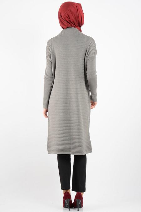 Düğmeli Gri Triko Tesettür Hırka 3561GR - 3