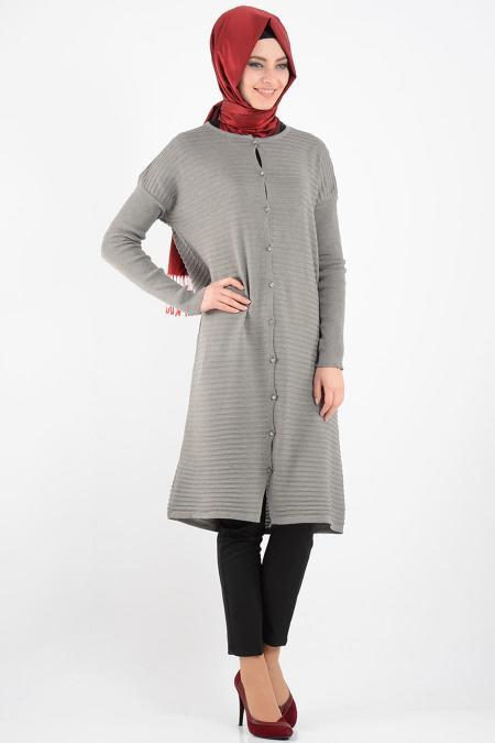 Düğmeli Gri Triko Tesettür Hırka 3561GR - 2