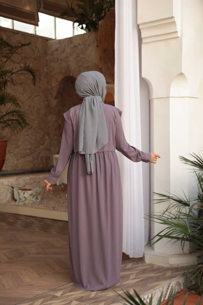 Düğmeli Gül Kurusu Tesettür Ferace 26441GK - 5