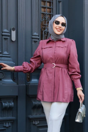 Düğmeli Gül Kurusu Tesettür Gömlek 19028GK - 2