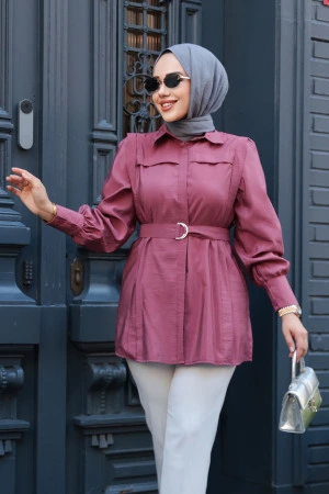 Düğmeli Gül Kurusu Tesettür Gömlek 19028GK - 1