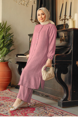 Düğmeli Gül Kurusu Tesettür İkili Takım 40211GK - 1