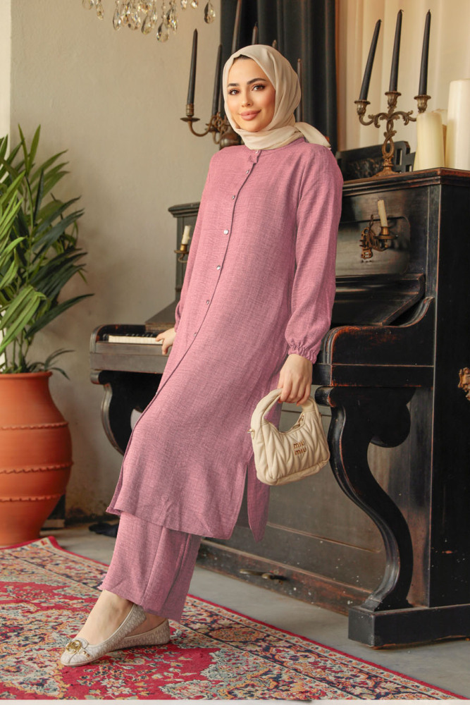 Düğmeli Gül Kurusu Tesettür İkili Takım 40211GK - 1