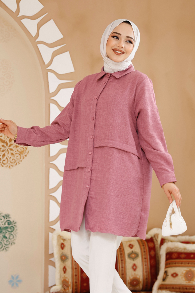 Düğmeli Gül Kurusu Tesettür Tunik 30881GK - 2