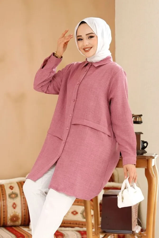 Düğmeli Gül Kurusu Tesettür Tunik 30881GK - 1